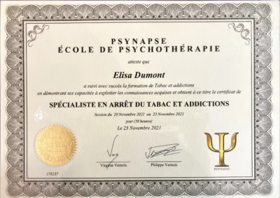 Formation réalisée en 2021 - Spécialiste en Arrêt du Tabac et Addictions