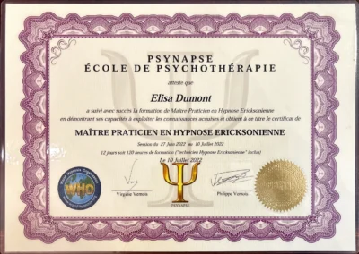 Formation réalisée en 2025 - Maître en Hypnose Ericksonienne